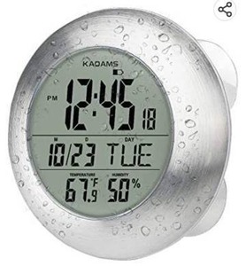 lot 12178 image: Kadams Bathroom Shower Digital Wall Clock Large LCD Screen - Kitchen Clock - Water Resistant Timer - Seconds Counter - Temperature & Humidity Display - Multiple Mounting Options (Silver)