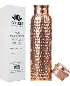 lot 9476 image: Otiem Copper Water Bottle 34 Oz Copper Bottle Water with Lid - Ayurvedic Copper Drinking Vessel - 100 Copper Water Vessel - Drink More Water Bottle - Large - Leak Proof - Hammered
