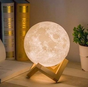 lot 9488 image: Mydethun 3D Moon Lamp with 5.9 Inch Wooden Base - LED Night Light, Mood Lighting with Touch Control Brightness for Bedroom, Kids, Gifting, Halloween, New Year - White & Yellow