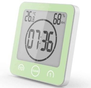 lot 9489 image: Digital Bathroom Shower Wall Clock Timer with Alarm with Big LCD Display, Waterproof for Water Spray, Humidity Temperature Display, Wall Clock Timer for Bathroom Shower Makeup Cooking (Green)