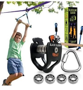 lot 9496 image: Trailblaze Slackline Pulley  Zipline for Backyard Kids and Adults  Slackline Childrens Zip Line Kit for Outdoor  Premium Zip Line Accessories with Wooden Monkey Bar - 300lb Capacity