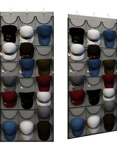 lot 9497 image: Baseball Hat Rack from Unjumbly, 24 Pocket Over-The-Door Cap Organizer with Clear Deep Pockets to Protect, Store and Display Your Baseball Cap Collection, Complete with Over Door Hooks