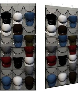 lot 9498 image: Baseball Hat Rack from Unjumbly, 24 Pocket Over-The-Door Cap Organizer with Clear Deep Pockets to Protect, Store and Display Your Baseball Cap Collection, Complete with Over Door Hooks