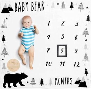 lot 9500 image: Organic Baby Monthly Milestone Blanket Boy - Baby Bear Blanket Months with Frame and Newborn Announcement Disc - Baby Boy Age Blanket for 1-12 Month Milestones, 47x47