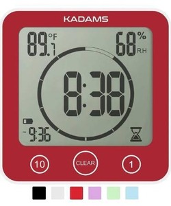 lot 9524 image: KADAMS Digital Bathroom Shower Kitchen Clock Timer with Alarm, Waterproof for Water Splashes, Visual Countdown Timer, Time Management Tool, Indoor Temperature Humidity, Suction Cup, Hole Stand - Red