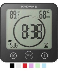 lot 9525 image: KADAMS Digital Bathroom Shower Kitchen Wall Clock Timer with Alarm, Waterproof for Water Spray, Touch Screen Timer, Temperature Humidity, Suction Cup Hanging Hole Stand (Black)