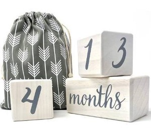 lot 9544 image: Pondering Pine Baby Milestone Blocks - Natural White Stain Pine Wood with Weeks Months Years Grade - Milestones Age Block Set with Bag, Newborn Weekly Monthly First Year Picture Props, Earth Friendly