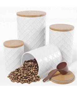 lot 9571 image: White Metal Canister Sets for Kitchen Counter, Kitchen Canisters Set of 4, Airtight Countertop Flour and Sugar Containers, Coffee and Tea Storage, Modern Farmhouse Kitchen Decor by Pebble & Ste