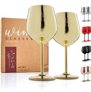 lot 9574 image: Gusto Nostro Stainless Steel Wine Glass - 18 oz Unbreakable Gold Wine Glasses for Travel, Camping and Pool - Fancy, Unique and Cute Portable Metal Wine Glass for Outdoor Events, Picnics (Set of 2)