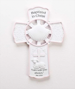 lot 9576 image: Wall Cross-Baptized In Christ-WhitePink (7.75 )