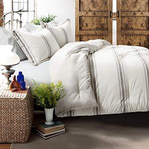 lot 8572 image: Lush Decor, Gray Comforter Farmhouse Stripe 3 Piece Reversible Bedding Set, King