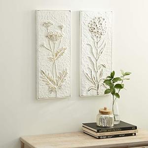lot 8580 image: Deco 79 Metal Floral Relief Wall Decor with Gold Detailing, Set of 1 10W, 23H, White