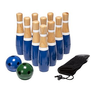 lot 8581 image: Backyard Lawn Bowling Game Indoor and Outdoor Family Fun for Kids and Adults 10 Wooden Pins, 2 Balls, and Mesh Carrying Bag by Hey Play (8-Inch)