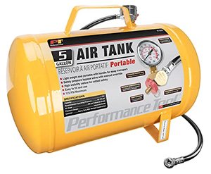 lot 8584 image: Performance Tool W10005 Hi-viz 5-Gallon Horizontal Portable Air Tank With Tire Air Chuck , Yellow