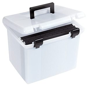 lot 8634 image: Pendaflex Portable File Box, Frosted White, Hinged Lid with Double Latch Closure, 3 Black Letter Size Hanging Folders Included (41745AMZ)