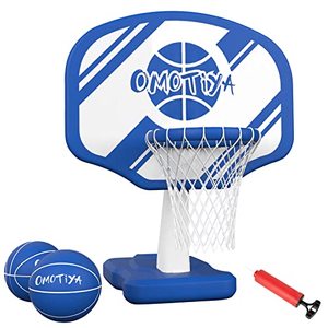 lot 8678 image: OMOTIYA Swimming Pool Basketball Hoop with Base, Portable Outdoor Basketball Hoop for Poolside with 2 Balls and Pump, Pool Toys Game for Boys and Girls, Kids, Adults, Blue