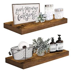 lot 8683 image: QEEIG Floating Shelves Wall Shelf 24 inches Long Farmhouse Bathroom Shelfs Set of 2 Bedroom Walls Mounted Shelve 24 x 9, Rustic Brown (008-60BN)