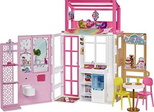 lot 8688 image: Barbie Dollhouse with 2 Levels & 4 Play Areas, Fully Furnished Barbie House with Pet Puppy & Accessories, Gift for Kids 3 Years Old and Up