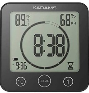 lot 9588 image: KADAMS Digital Bathroom Shower Kitchen Wall Clock Timer with Alarm, Waterproof for Water Spray, Touch Screen Timer, Temperature Humidity, Suction Cup Hanging Hole Stand (Black)