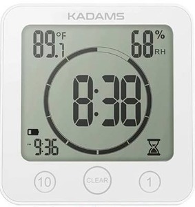 lot 9589 image: KADAMS Digital Bathroom Shower Kitchen Clock Timer with Alarm, Waterproof for Water Splashes, Visual Countdown Timer, Time Management Tool, Indoor Temperature Humidity, Suction Cup, Hole Stand - White