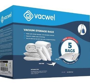 lot 9596 image: Vacwel 5-Pack XXL-Jumbo Vacuum Storage Bags - Space Vacuum Storage Bags for Clothing Storage - Vacuum Space Bags for Comforters - Blankets - Clothes. 47 x 35 Vacuum Sealer Bags Jumbo-XXL (XXL 5-Pack)