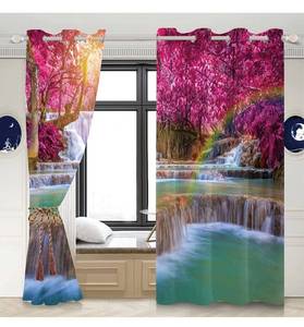 lot 39728 image: Yeele Waterfall Forest Window Curtain, Red Trees Rainforest with Ladder Waterfall Rainbow Ray Landscape Scenery Windows Drapes for Living Room Bedroom Decor Window Curtain 2 Panel Set, 53x84inches