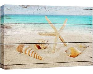lot 39739 image: wall26 Canvas Print Wall Art Starfish & Seashell Shore on Wood Panels Nature Wilderness Mixed Media Modern Art Rustic RelaxCalm Multicolor for Living Room, Bedroom, Office - 24x36