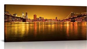 lot 39748 image: iLOOKLiKE Brooklyn Bridge 20x48 inch Canvas Wall Art New York Cityscape Picture Prints Manhattan Downtown Urban Skyline Painting Poster Modern Giclee Artwork Framed for Living Room Office Decoration
