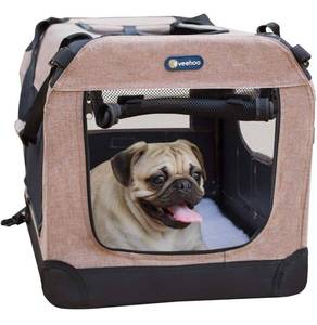 lot 39753 image: Veehoo Folding Soft Dog Crate, 3-Door Pet Kennel for Crate-Training Dogs, 5 x Heavy-Weight Mesh Screen, 600D Cationic Oxford Fabric, Indoor & Outdoor Use, 20, Beige Coffee