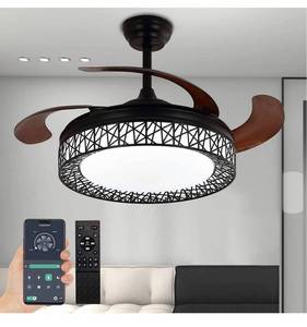 lot 39761 image: Ohniyou 42Retractable Ceiling Fans with Lights and Remote, Chandelier Ceiling Fan 4 Reversible Blades Noiseless, Farmhouse Smart Ceiling Fan for Bedroom Room, Black Modern Ceiling Fan