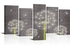 lot 59858 image: Livlaugh 5 Panels Grey Canvas Wall Art Dandelion on Rustic Wood Board Picture Prints, 12x24inchx4pcs12x32inchx1pcs