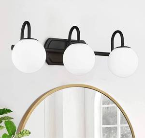 lot 59861 image: Black Bathroom Light Fixtures, 3-Light Bathroom Vanity Light in Black Finish with Milky White Glass Globe Shade Black Vanity Lights for Bathroom, Living Room, Mirror (Exclude G9 Bulb)