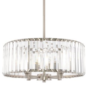 lot 61365 image: Kira Home Delilah 16 Modern 4-Light Crystal Drum Chandelier  Clear Beveled Glass Panels Brushed Nickel Finish
