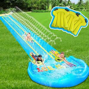 lot 61366 image: Evoio Triple Lawn Water Slide, Extra Long Triple Lane Slip 32.8FT Inflatable Splash Water Slides with 3 Racing Lanes and 3 Body Boards for Kids Adults, Outdoor Summer Water Toys for Backyard Garden