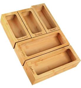 lot 61367 image: LIBWYS Bamboo Storage Bag Organizer Compatible with Ziploc, Solimo, Glad, Hefty for Gallon, Quart, Sandwich, Snack & Freezer Gallon Variety Size Bag Holder Kitchen Drawer Dispenser