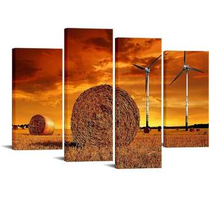 lot 61368 image: iKNOW FOTO 4 Panels Wall Art Pictures Straw Bales with Wind Turbines in the Sunset Modern Canvas Print Paintings Artwork Framed Posters for Office Home Decor Ready to Hang 48x32 inches