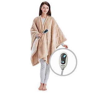 lot 61372 image: Beautyrest Ultra Soft Sherpa Berber Fleece Electric Poncho Wrap Blanket Heated Throw with Auto Shutoff - 5 Year Warranty, 50 W x 64 L, Tan