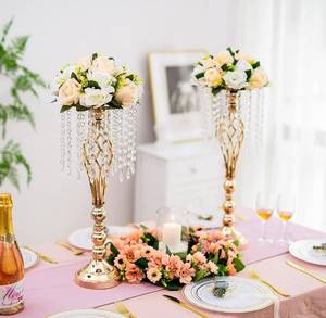 lot 61408 image: Inweder Wedding Centerpiece Table Decorations - Gold Vase for Centerpieces with Chandelier Crystals, 19.3in Tall Flower Vase, Wedding Metal Flower Stand for Event, Birthday, Home Decoration,10 Pcs