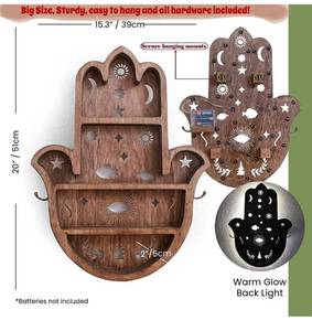 lot 61411 image: TAMIM CRAFTS Wooden Hamsa Shelf for Crystals- Large 20 Inch Crystal Display Shelf for Stones, Crystal Holder Shelf, Essential Oil Display, Hand Crystal Shelf for Room Decor, Hamsa Wall D�cor