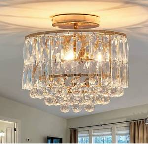 lot 61417 image: CVKASH 3-Lights Semi Flush Mount Crystal Chandelier��Modern Round Raindrops Gold Ceiling Light Fixture��Ceiling Lamp for Dining Room Bedroom Living Room Bathroom Kitchen Hallway