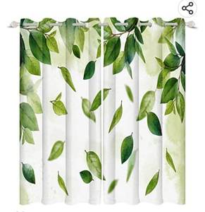 lot 71787 image: Green Leaves Window Curtains, Watercolor Spring Green Leaves Botanical Vine Blackout Curtain with Grommet, 2 Panel Set Noise Reducing Window Curtains for Bedroom Home Decor 53 x63