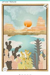lot 71791 image: SIGNFORD Framed Canvas Print Wall Art Comic-Style Cacti in Bright Desert with River Abstract Wilderness Digital Art Modern Art Southwest Colorful for Living Room, Bedroom, Office - 24x36 Naturalm
