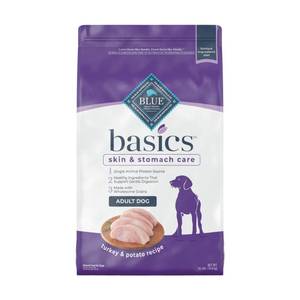 lot 71797 image: Blue Buffalo Basics Skin & Stomach Care Turkey and Potato Dry Dog Food for Adult Dogs Whole Grain 24 lb. Bag,Retail $66.00