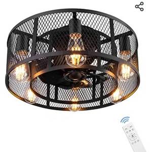 lot 71804 image: Ohniyou Cage Ceiling Fan with Light, 21 Inch Farmhouse Low Profile Ceiling Fan with Light Remote Control, Industrial Flush Mount Bladeless Ceiling Fan with Lights for Bedroom Living Room Kitchen