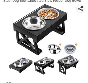lot 71806 image: Madd-Drbowl Elevated Dog Bowls for Large Dogs, Medium and Small, 15° Tilted Adjustable Raised Dog Bowl Stand with 1 Slow Feeder Dog Bowl & 2 Stainless Steel Dog Bowls,Elevated Slow Feeder Dog Bowls