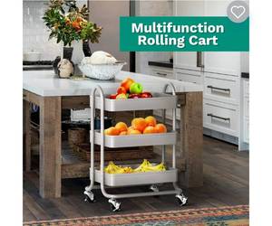 lot 71811 image: 3-Tier Rolling Metal Storage Organizer - Mobile Utility Rolling Storage Cart, Kitchen Cart with Caster Wheels, Gray, dimensions are 28�� x 16�� x 12��.