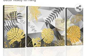 lot 71814 image: Livlaugh 3 Piece Abstract Canvas Wall Art Black and Gold Tropical Leaves Painting Framed Gold Foil Picture Prints for Modern Home Office Wall Decor Ready to Hang