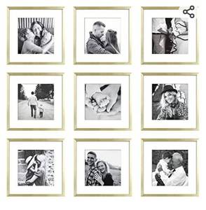 lot 71829 image: ArtbyHannah 9-Pack 12x12 Gold Gallery Wall Frame Set, Square Picture Frames Collage for Wall Decor -Made to Display Photo 12x12 without Mat or 8x8 with Mat