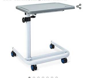 lot 71843 image: OasisSpace Overbed Table, Hospital Bed Table with Holder, Adjustable Over Bedside with Wheels for Hospital and Home Use - Laptop, Reading, Eating Cart Stand - Bedridden, Elderly, Senior Patient Aid ,Retail $87.00