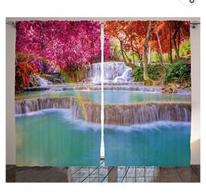 lot 71848 image: Ambesonne Waterfall Curtains, Rain Forest in Vietnam Laos South Orange Trees Side of River Image Print, Living Room Bedroom Window Drapes 2 Panel Set, 108 X 84, Pink
